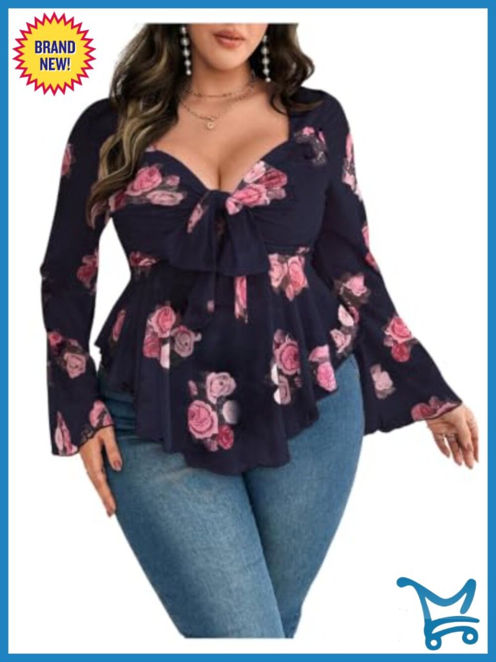 Plus Size Floral Mesh Blouse Long Sleeve Tie Front Hanky Hem Top